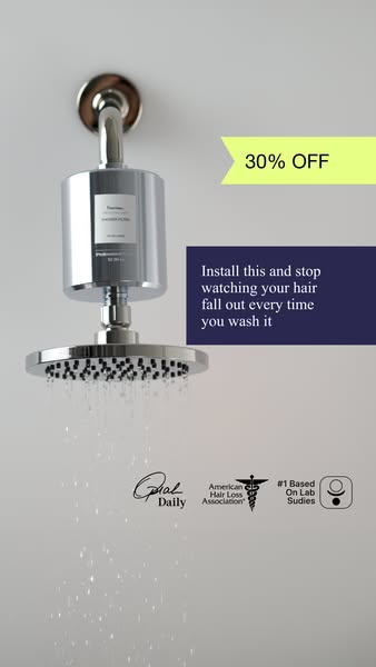 This ad promotes a shower filter designed to prevent hair loss, highlighting a 30% discount and featuring endorsements f