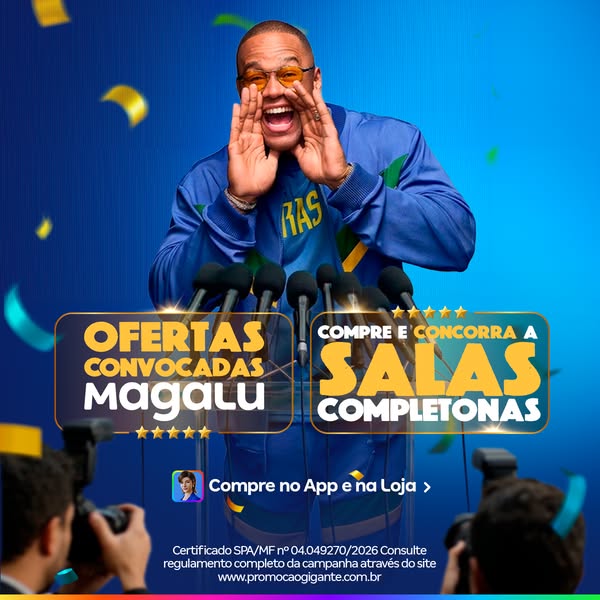 This ad promotes Magalu and announces a competition to win fully equipped living rooms.