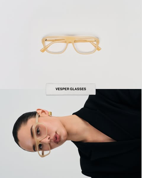 This ad features eyeglasses from Vesper Glasses with a split-screen presentation. The top half displays the glasses on a