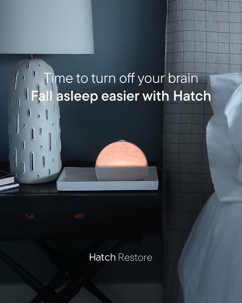 The image ad promotes Hatch Restore, a sleep aid device that combines sound, light, and meditation to help users fall as