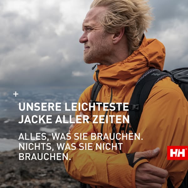 This ad by Helly Hansen features a man looking out at a cloudy landscape while wearing a lightweight jacket. The ad prom