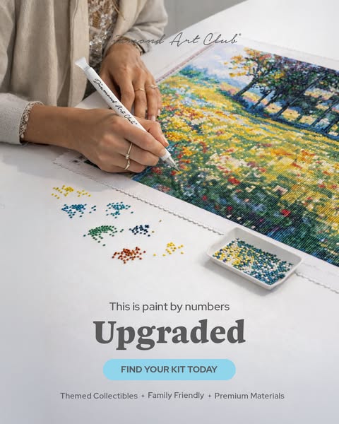 An ad by Diamond Art Club showing a woman doing a diamond art project of a landscape, and the text says "This is pa