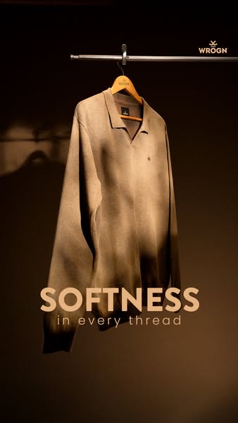 This ad features a WROGN branded polo shirt that is hung on a metal rack in front of a brown background. The text overla