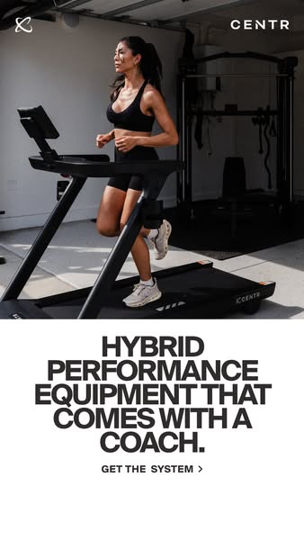 This image ad features a woman running on a Centr treadmill. The ad calls out that Centr is hybrid performance equipment