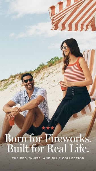 This ad showcases a man and woman enjoying a summer day at the beach, dressed in clothing from the brand’s red, white, a