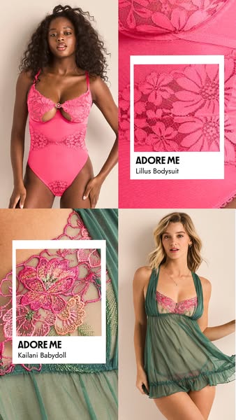 This ad showcases two different lingerie items, a bright pink bodysuit and a green babydoll. Both are featured in a layo