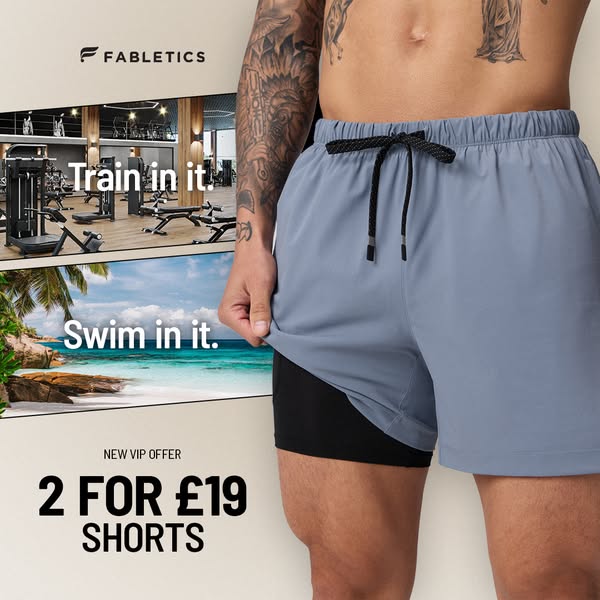 This image ad promotes Fabletics shorts designed for both training and swimming, emphasizing versatility and offering a 