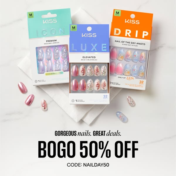 This image ad promotes KISS brand nails, highlighting the special offer "BOGO 50% OFF" and using code NAILDAY5