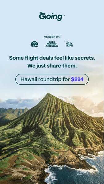 An image ad for Going.com, promoting discounted roundtrip flights to Hawaii. The ad emphasizes the exclusivity and savin