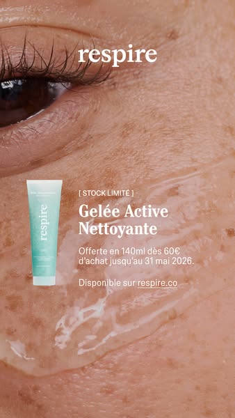 This ad for Respire, a skincare brand, zooms in on a woman's eye and cheek, where the brand's cleaning gel is sp