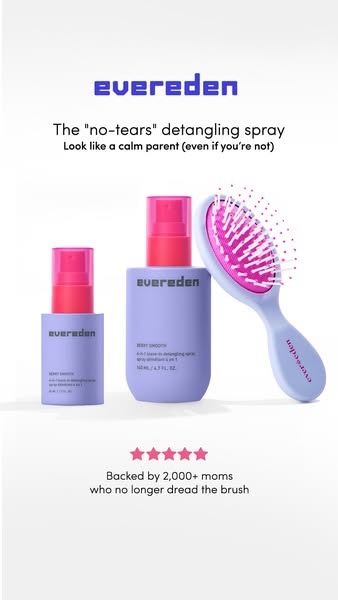 This image ad for Evereden promotes their Berry Smooth detangling spray and brush for kids. The ad showcases the product