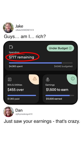 Ad featuring screenshots of positive spending and earnings with quotes from users impressed with the app.