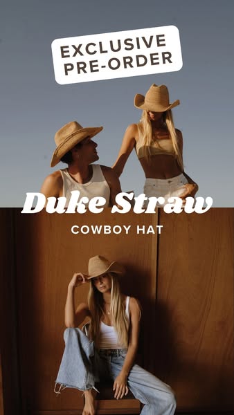 The ad features a split screen of people wearing the straw cowboy hat to show its appeal.