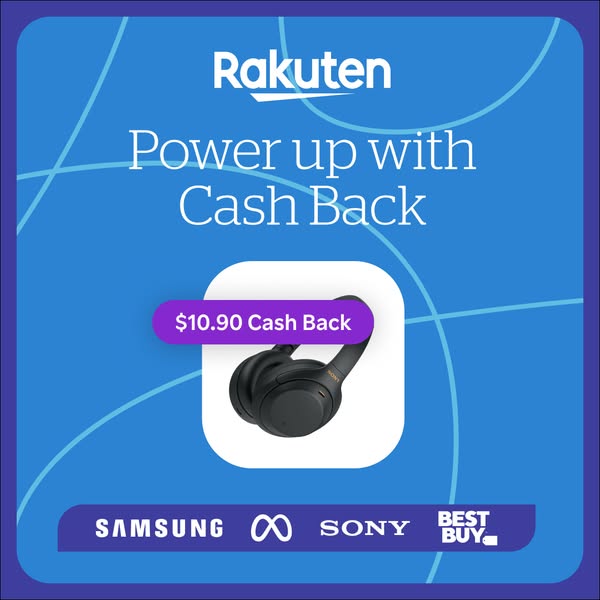This Rakuten ad promotes cash back when purchasing Sony headphones from retailers like Samsung, Meta, and Best Buy.