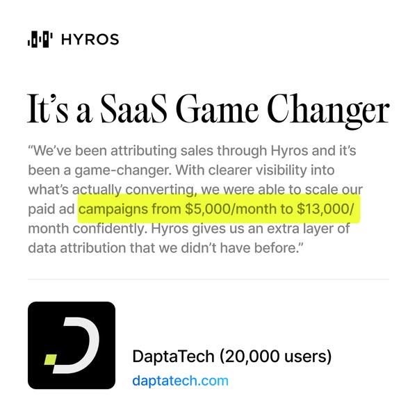 This ad promotes Hyros, a SaaS product that helps businesses attribute sales. It features a testimonial from a user who 
