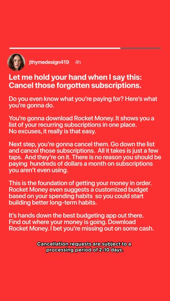This ad showcases Rocket Money, a budgeting app designed to help users cancel unwanted subscriptions. The ad uses conver