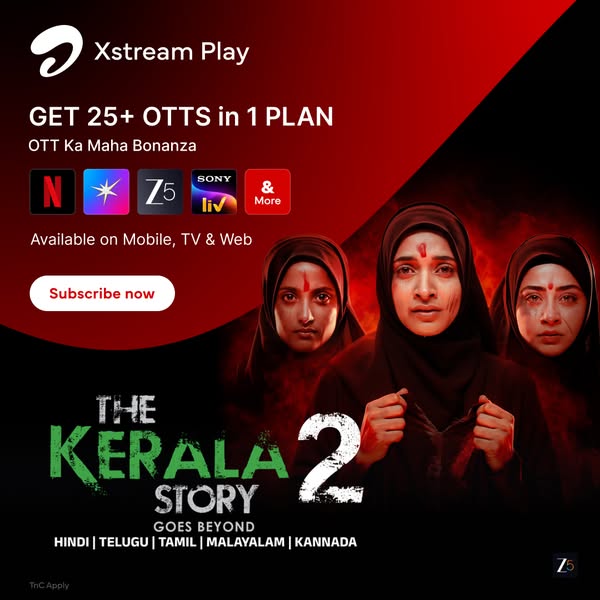 This image ad promotes the movie "The Kerala Story 2" and highlights the availability of 25+ OTT platforms wit