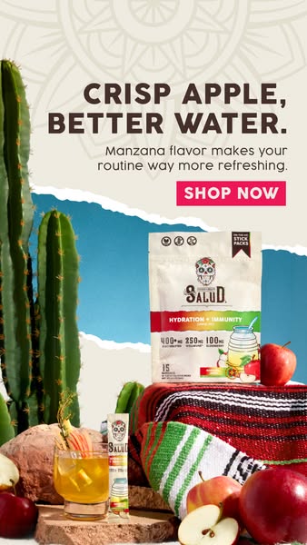 This ad promotes Salud's manzana-flavored hydration and immunity drink mix. The image includes a backdrop of southwe