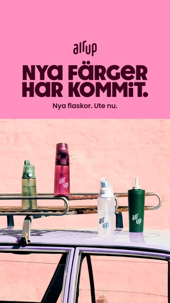 This ad from air up promotes their new water bottle colors. It shows 4 of the bottles on top of a vintage car.
