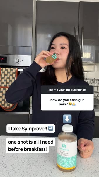 An influencer is promoting a gut health drink. She begins by answering the question of how she eases gut pain, then stat