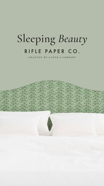 This ad showcases a bed with a headboard made from Rifle Paper Co. fabric, emphasizing the brand's collaboration wit