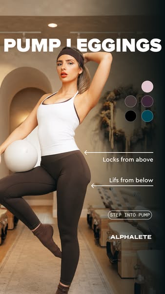 This ad showcases Alphaleate leggings with a focus on fit. The ad has a model standing with one leg forward, while arrow