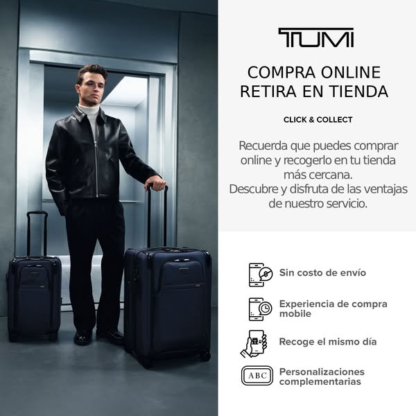 This ad for TUMI promotes the option to buy online and pick up in-store. It features a well-dressed man pulling two dark