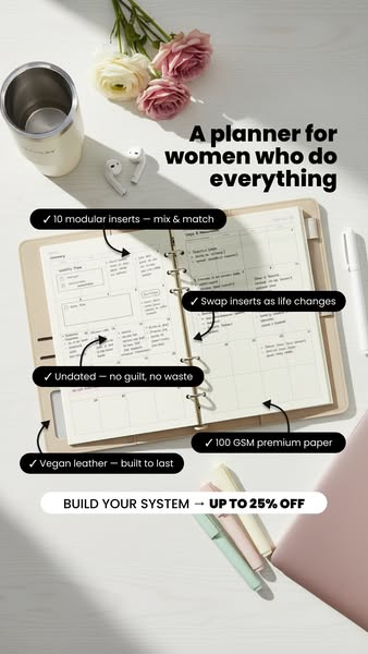 This image ad showcases a customizable planner for women, highlighting its modular inserts, undated pages, premium paper