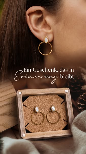 This ad features a close-up of a woman wearing a gold hoop earring with a teardrop shaped, white stone on the earlobe. T