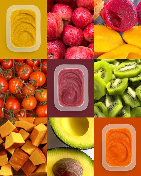 This ad is a product compilation. It displays the brand’s baby food in nine grid sections along with the raw ingredients