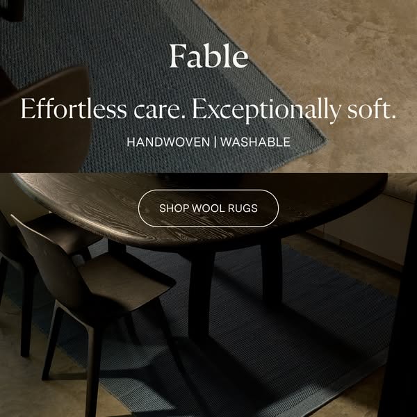This image ad for Fable wool rugs highlights the product's exceptional softness, handwoven quality, and washability.