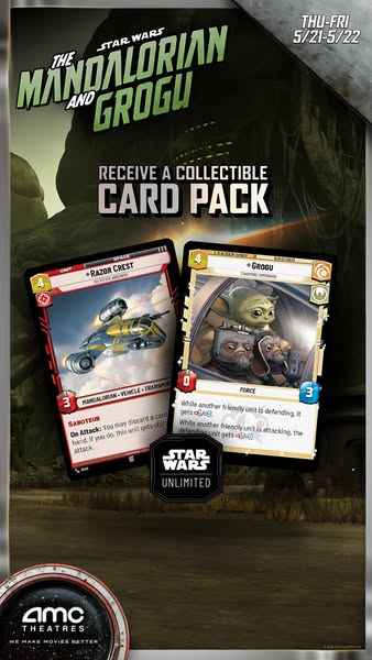 This image ad promotes a collectible card pack for the Star Wars series, The Mandalorian and Grogu. The card pack is ava