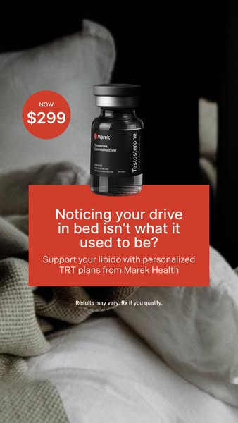 This ad utilizes a close-up of the Mareck Health Testosterone injection against a blurred bedroom scene to highlight the