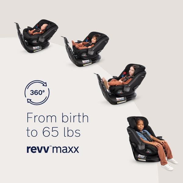 This image showcases the Nuna REVV Maxx rotating car seat, emphasizing its ability to accommodate children from birth to