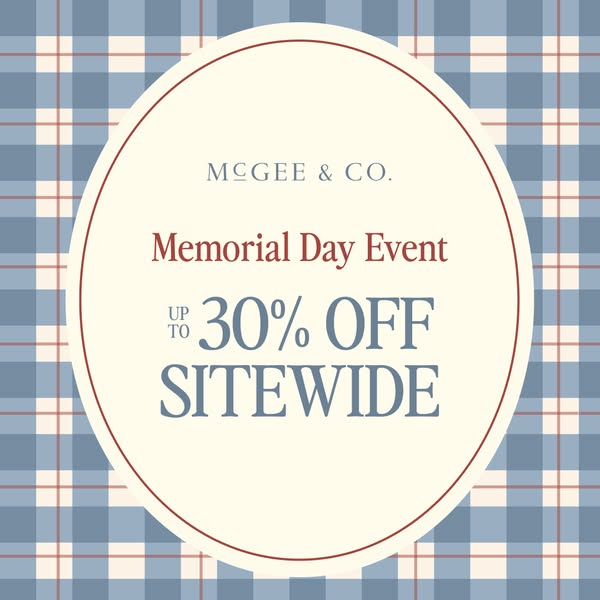 This image ad for McGee & Co. promotes a Memorial Day Event with up to 30% off sitewide. The ad features a circular 