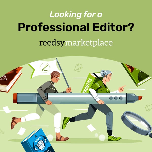 This image ad for Reedsy Marketplace features two people running with a large marker, books, and a flag. The ad is promo