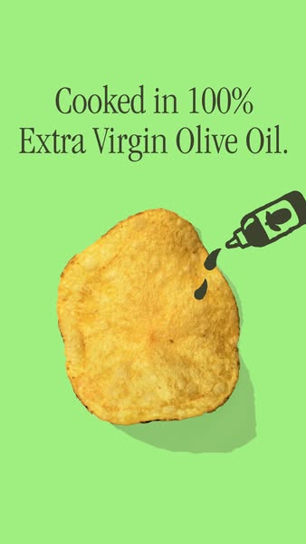 This ad features a potato chip with a cartoon image of an olive oil bottle drizzling oil onto the chip, emphasizing that