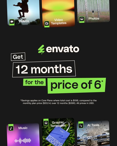 This image ad promotes Envato's subscription service, offering 12 months for the price of 6, highlighting savings co