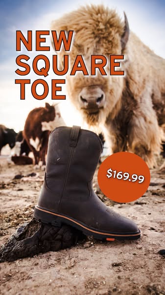 The ad is promoting a pair of "New Square Toe" work boots for $169.99.
