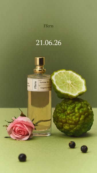 This ad features a Ffern fragrance product along with ingredients used to create the product.