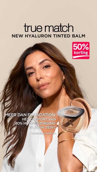 This image ad features Eva Longoria showcasing the L'Oreal True Match tinted balm. The ad emphasizes the product'