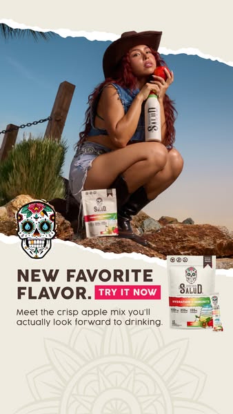 This ad promotes the apple flavor of Salud's hydration and immunity drink mix. The ad features a woman dressed in a 