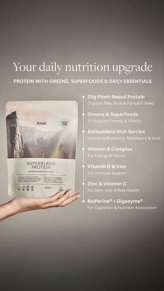 The image ad showcases the Form Superblend Protein powder. It highlights the brand's commitment to daily nutritional