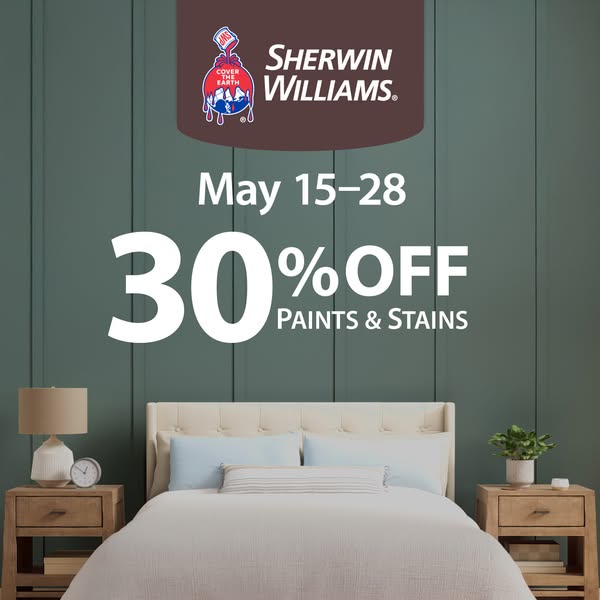 This is an advertisement for Sherwin-Williams promoting a 30% off paint and stain sale taking place May 15-28.