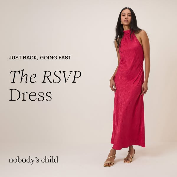 This ad features a slender woman wearing a full-length, pink halter dress and gold heeled sandals. The brand name and th