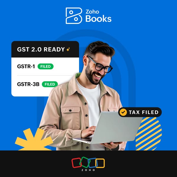 This image ad for Zoho Books highlights the product's ability to file taxes and be GST 2.0 ready.