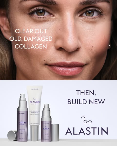 The image ad by Alastin promotes its skincare products that target old, damaged collagen and build new collagen with the