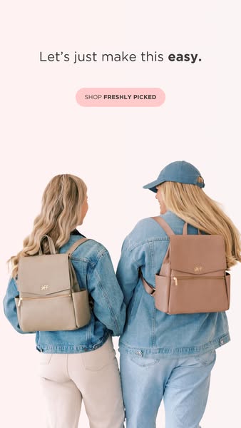 This ad showcases two women wearing Freshly Picked convertible backpacks. The ad uses the text 'Let's just make 