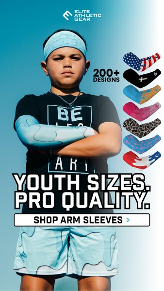 This ad for Elite Athletic Gear features a young person wearing their arm sleeve and promotes the quality and youth size