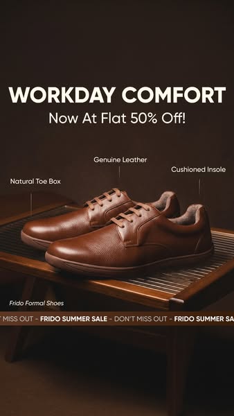 This ad for Frido Formal Shoes shows a pair of leather dress shoes and highlights comfort features such as the natural t
